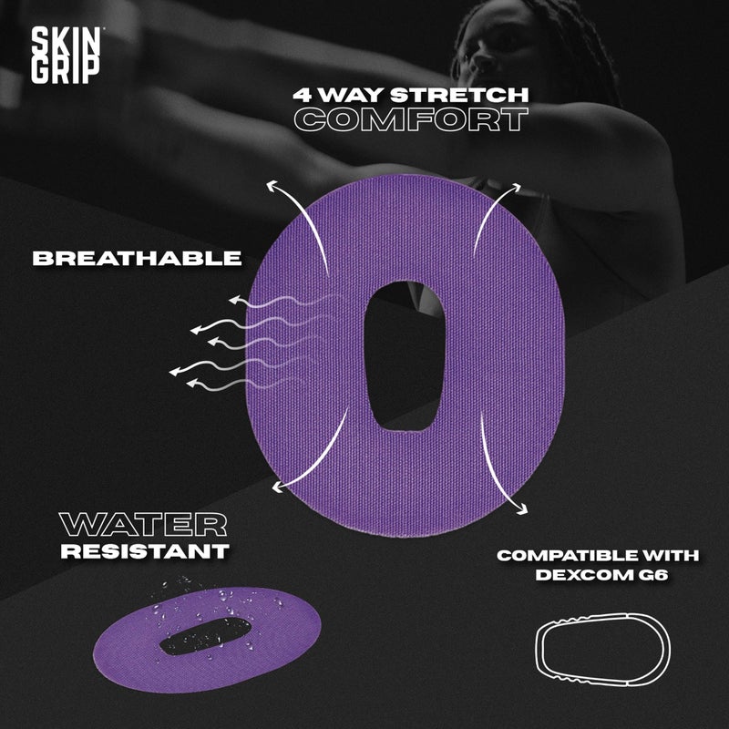 Skin Grip Adhesive Patch Compatible with Dexcom G6 Adhesive Patches Waterproof & Sweatproof with Cutout, Lasts 10-14 Days, Continuous Glucose Monitor Patch, CGM Sensor Cover â€“ 20 Pack, Purple - Image 2